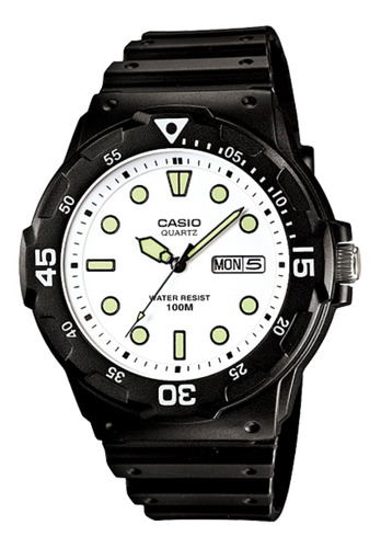 Relógio de pulso Casio Youth MRW-200 com corpo preto,  analógico, para masculino, fundo  branco, com correia de resina cor preto, agulhas cor verde e preto, subdials de cor verde e preto, ponteiro de minutos/segundos preto, bisel cor preto e fivela simples