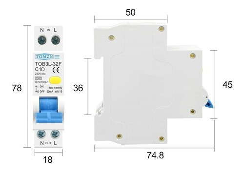 Disyuntor Dr Ddr compacto de 2 polos de 18 mm, 10 A, 6 ka, 30 mA