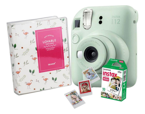 Câmera Instax Mini 12 Verde Com Álbum Fotos E Filme 10 Poses