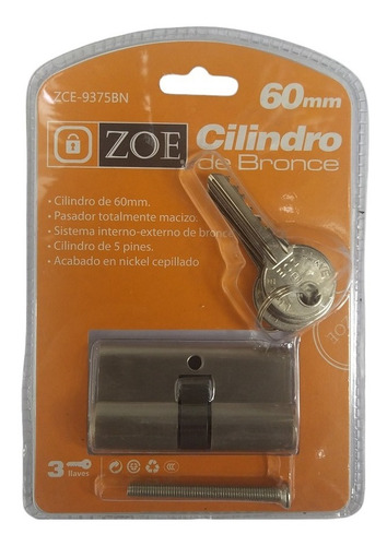 Cilindro Zoe 60mm - Llave Sencilla Estándar
