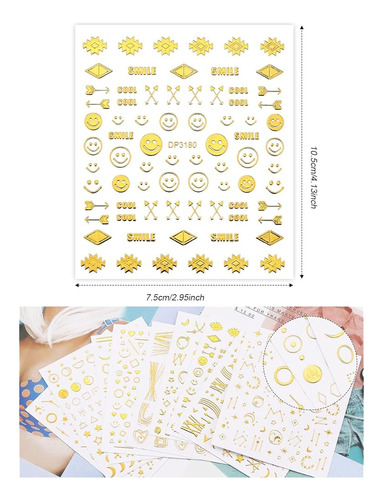 Ebanku 12 Hojas Gold Star Nail Stickers Autoadhesivo, 3d Gol