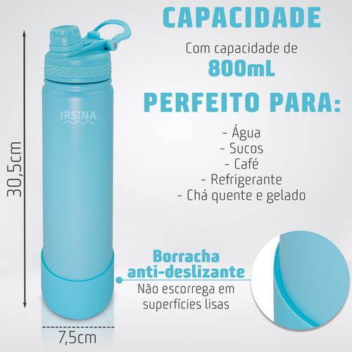 Garrafa Térmica 2 Em 1 800ml Tampa Dupla Com Canudo E Bico Alça Base Emborrachada Antiderrapante Bebida Quente E Fria Aço Inox Cor Azul Claro Irsina
