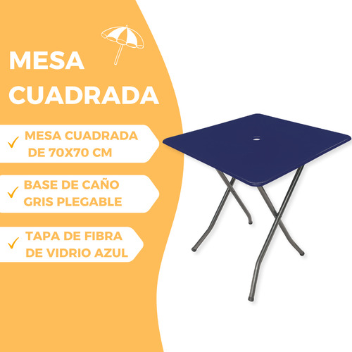 Mesa Fibra De Vidrio 70x70 Plegable Ideal Jardin Exterior Azul