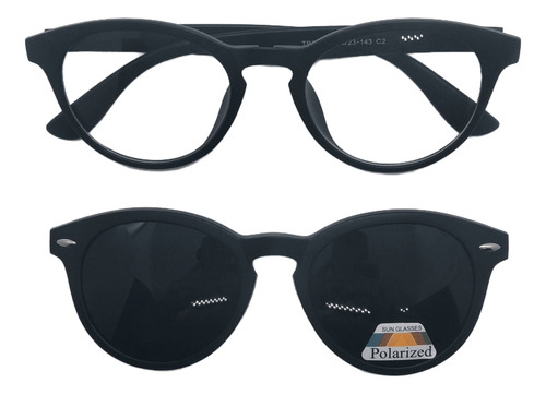 Lente Dual Óptico Round Gatsby Black + Clip On Sol Polarized