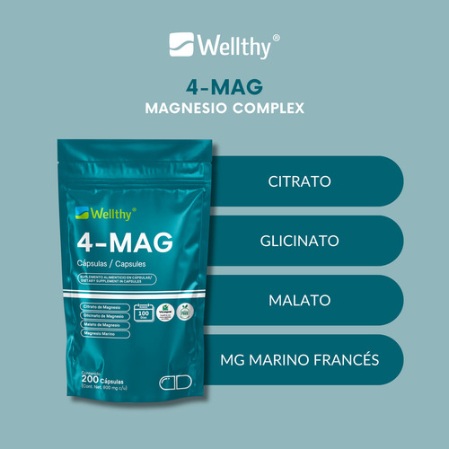 4-mag 200 Cápsulas Wellthy Mezcla De Magnesio, 100 Porciones Sin Sabor