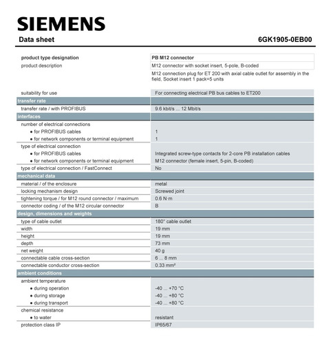 Conector Bus Metálico 5 Pinos M12 Fem 6gk1905-0eb00 Siemens