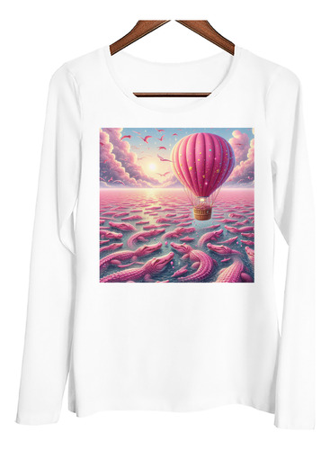 Remera Mujer Ml Globo Aerostatico Brillante Cocos Rosas