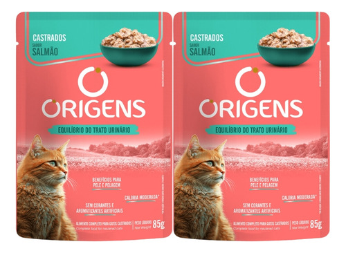 Kit 2un Sachê Origens Para Gato Adulto Castrado Salmão 85g