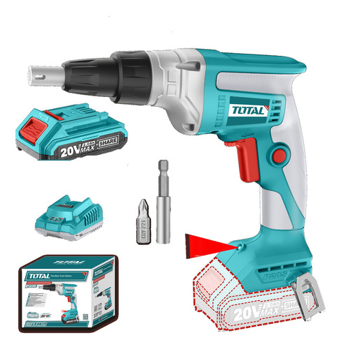 Taladro Atornillador Inalámbrico Total 20v Industrial, Yeso Drywall, Motor Sin Carbones - Encastre Hexagonal De 1/4" - Con 1 Batería 2.0Ah Litio-Ion Y Cargador - TDSLI204200