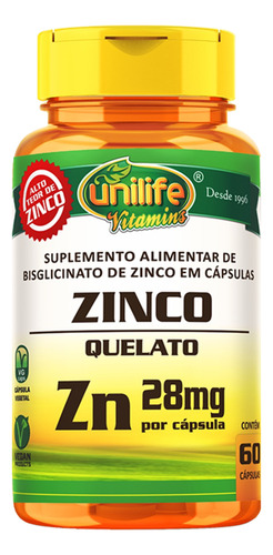 Zinco Quelato 28mg 60 Capsulas Unilife