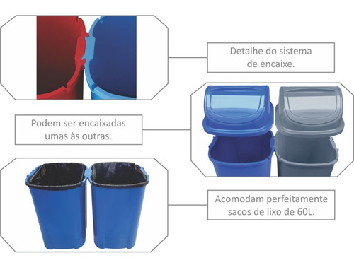 Kit 4 Lixeiras Coleta Seletiva 60 Litros Com Suporte