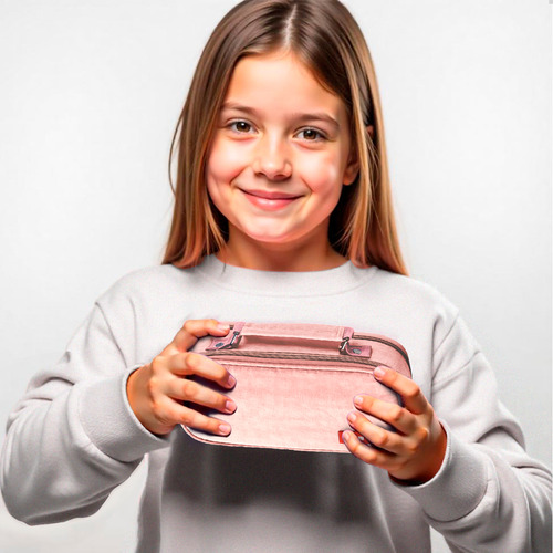 Estojo Escolar Organizador Lápis Material Escolar Com Alça Cor Rosa Liso