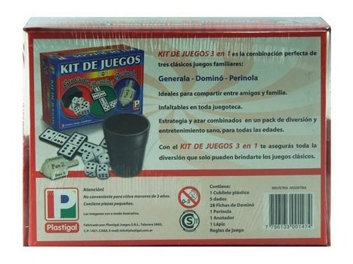 Imagen 3 de 5 de Kit De Juegos 3 En 1 Domino Generala Perinola Plastigal 147