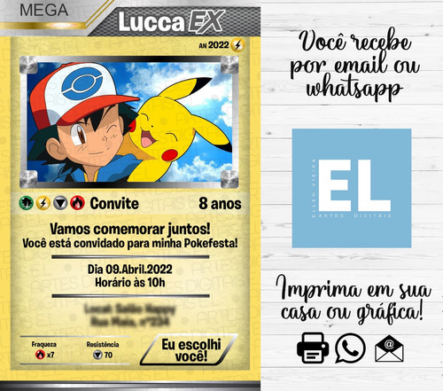 Convite Aniversário Carta Pokémon Arte Digital