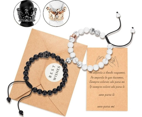 Pulsera Pareja Imán Corona Piedra Natural Onix Howlita Carta