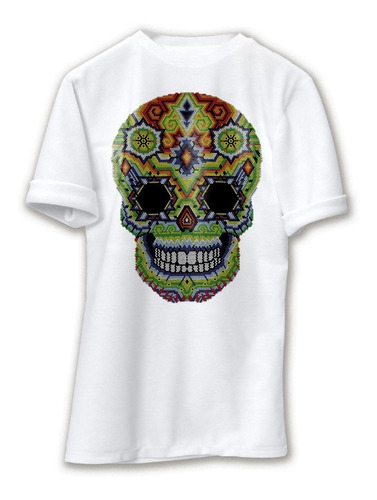 Playera Personalizada Calavera Huichol Colores Blanca  