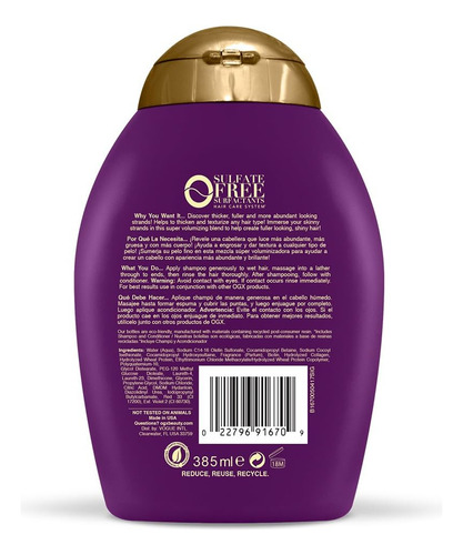 Shampoo Ogx Grosso E Completo + Biotina E Colágeno, 13 Onças