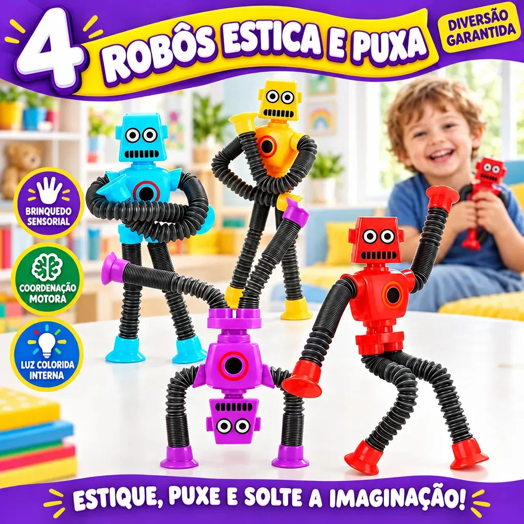 Kit 4 Robô Estica e Puxa com Ventosa Sensorial Pop It Anti Stres Coordenação Motora Educativo Interativo Presente dia das Criança Natal Infantil Diversão Colorido Brinquedo Louis Riel Acustico