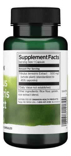 Swanson Extracto De Tribulus Terrestris 500 Mg, 60 Cápsulas Sabor Sin sabor
