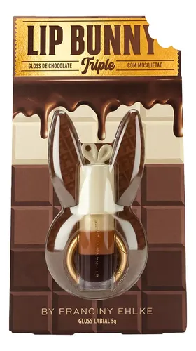 Embalagem do gloss labial Lip Bunny Triple em formato de coelho, com design inspirado em chocolate, da Fran by Franciny Ehlke.