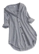 Comprar Blusas Con Botones Y Cuello Vuelto De Manga Larga A Rayas