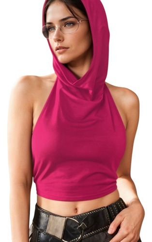 Blusa Crop Top Recta Con Capucha Sin Mangas Mujer