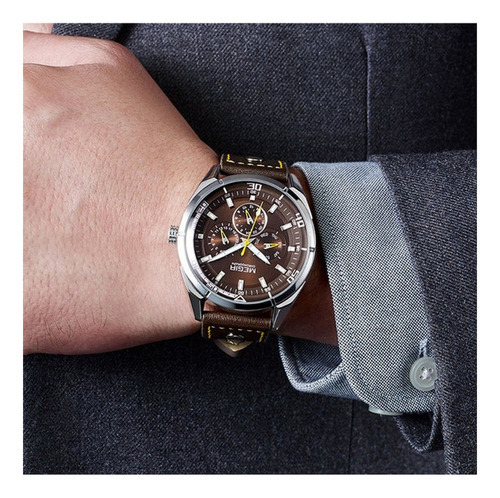 Reloj De Negocios Con Cronógrafo Luminoso De Cuero Megir Color Del Fondo Café