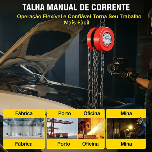 Talha Manual 1 Tonelada 1000 Kg Com Corrente Aço 5 Mt