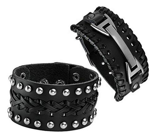 Ra De Puño - 2 Pcs Black Wristband Cuff Belt Bracelet Bangle
