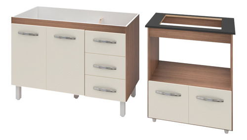 Moblis Móveis gabinete para pia de 120cm e balcão cooktop 4 bocas e forno cor savana frente off-white