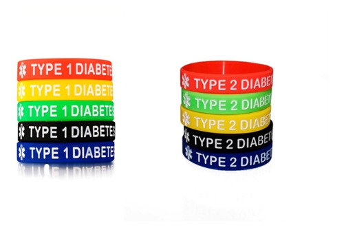 4 Pulseiras Alerta Médico Diabetes (2 Tipo 1 +2 Tipo 2)