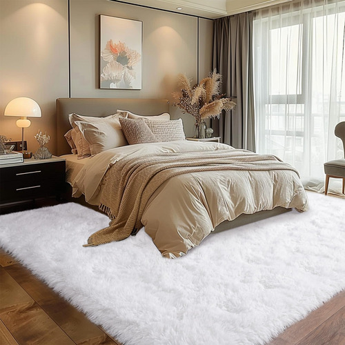 Alfombra Moderna Blanca Pelo Largo Dormitorio Mmg