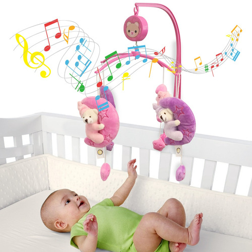 Móbile Em Pelúcia Giratório Musical De Bebê Soneca Rosa