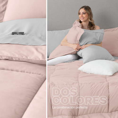 Set Edredón King Size + Fundas + Sábanas 7 Pzas Real Textil Rosa/gris