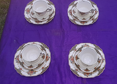 Trio De Té Loza Inglesa Multicolor Floreado (Usado)