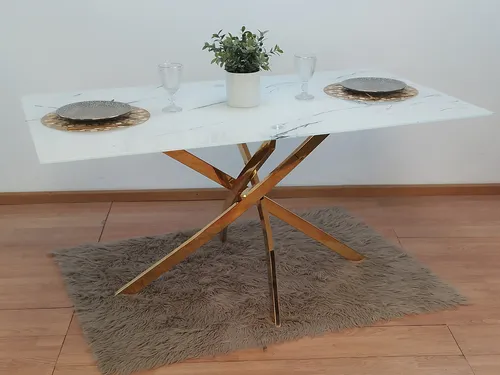 Mesa De Comedor Rectangular 160 Simil Marmol Base Dorada