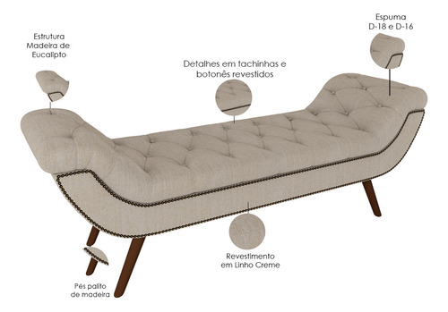 Puff Recamier Com Tachas 140cm Santorini Linho Creme