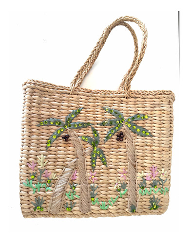 Bolso Playa Canasta Cartera Bordada Yute Tejido Natural Impo