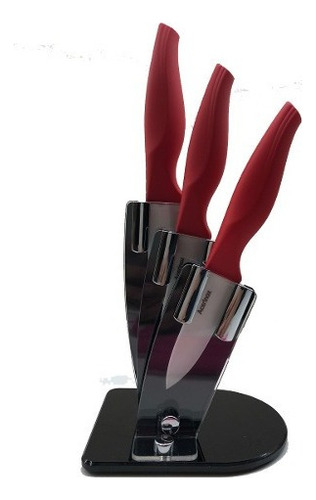 Cuchillos Set De Cerámica Con Base Acrílica Color Rojo/fucsia