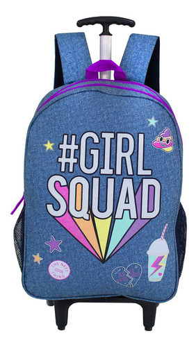 Mochila Escolar De Rodinhas Jeans Girl Squad Patches Juvenil