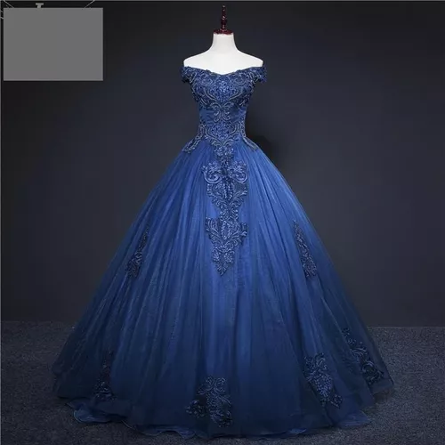 Vestido Quinceañera Fino Azul Marino Bordado Xv Años Aplique