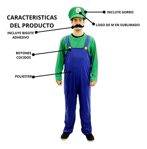 Imagen 3 de 8 de Disfraz De Luigi De Mario Bros Con Bigote Adulto