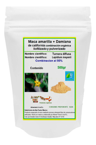 Maca + Damiana De California 500gr Combinados En Polvo 