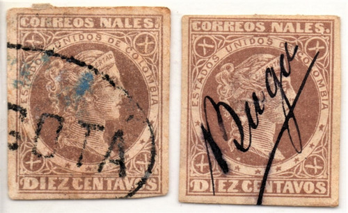 10 Centavos 1878 Pareja Estampillas Canceladas Buga Y Bogotá