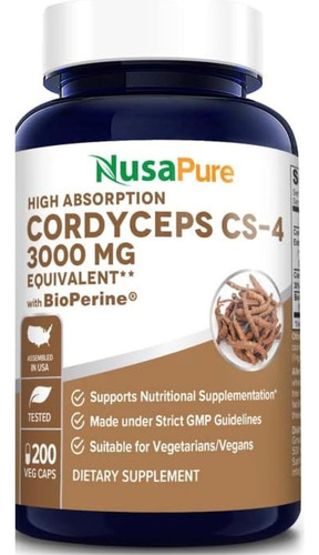 Extracto Cordyceps 3000 Mg, 200 Cap Vegetales Bioperine