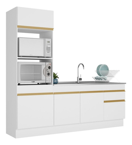 Armário De Cozinha Compacta 212cm Veneza Multimóveis V2113 Cor Branco/Dourado