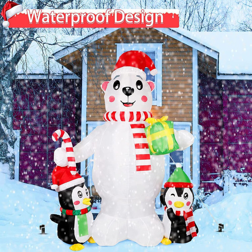 Pingüino Oso Polar Inflable De 6 Pies Decorado En Navidad