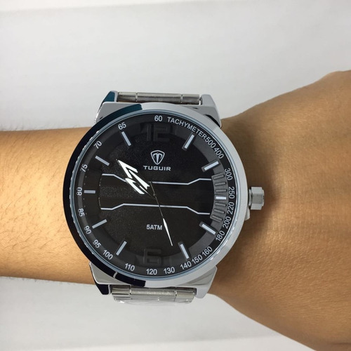 Relógio Analógico Luxo Original Preto Prata Inox Promoção