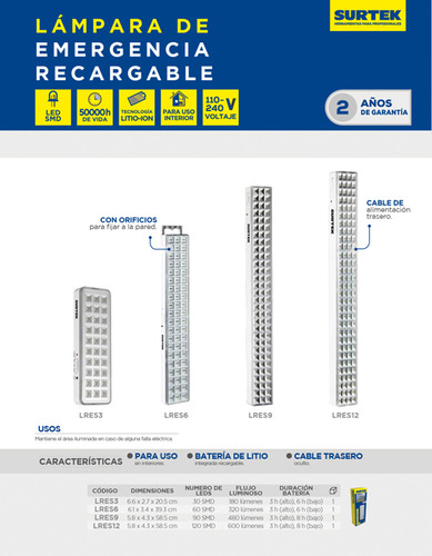 Lámpara De Led Para Emergencia Recargable De 180 Lm Surtek
