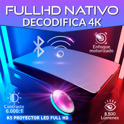 Proyector Led K5 8500 Lumens 1080p + 4k Wifi Android 9.0